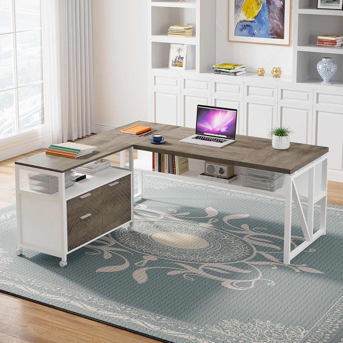 Tribesigns L Shaped Desk with Drawer Cabinet, 63" Executive Computer Desk and lateral File Cabinet, 2 Piece Home Office Furniture with Drawers for Hanging File, Doors with Locks (Dark Oak, 63-inches)