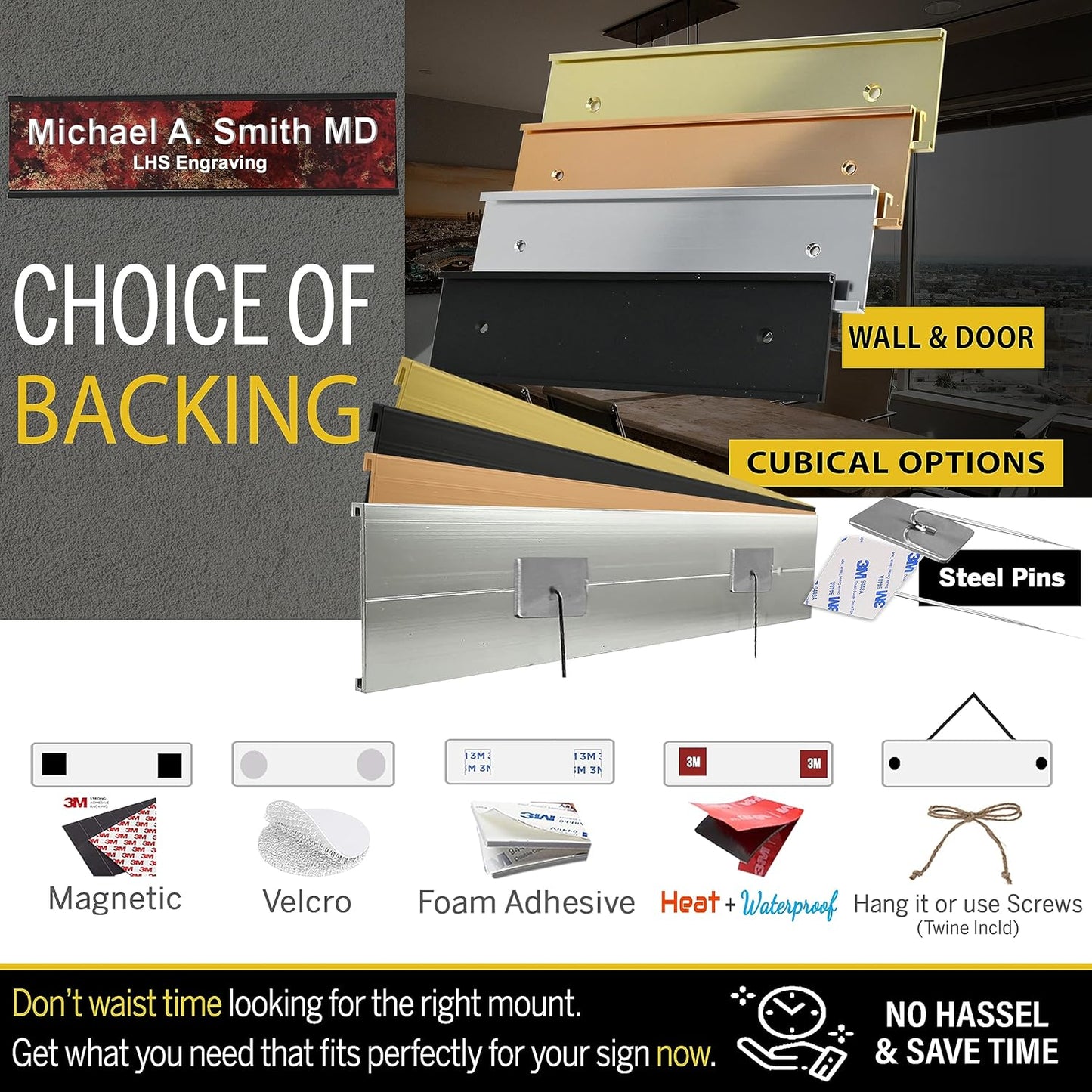 Engraved Name Plates for Door Sign Personalized Brushed Brass Plastic Plaque with Black Letters - Made in USA 2x10 M6