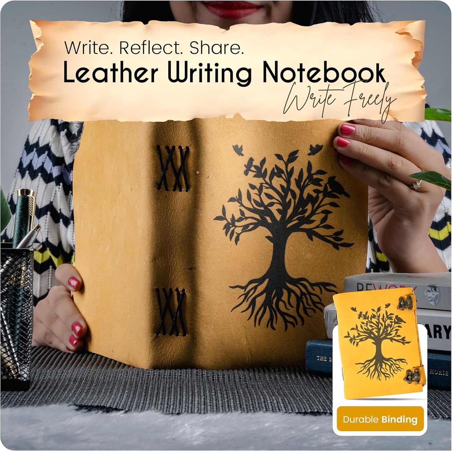 Tree of Life Leather Journal, Book of Shadows with Vintage Clasp Lock – 200 Page Antique Deckle Edge Leather Bound Notebook – Notebook Journal Gift for Men & Women