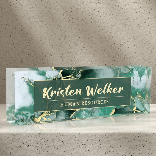 Office Desk Name Plate Personalized, Custom Name Plates for Desks, Name Plate Personalized for Office, Employee Appreciation Gifts (Green Marble2)