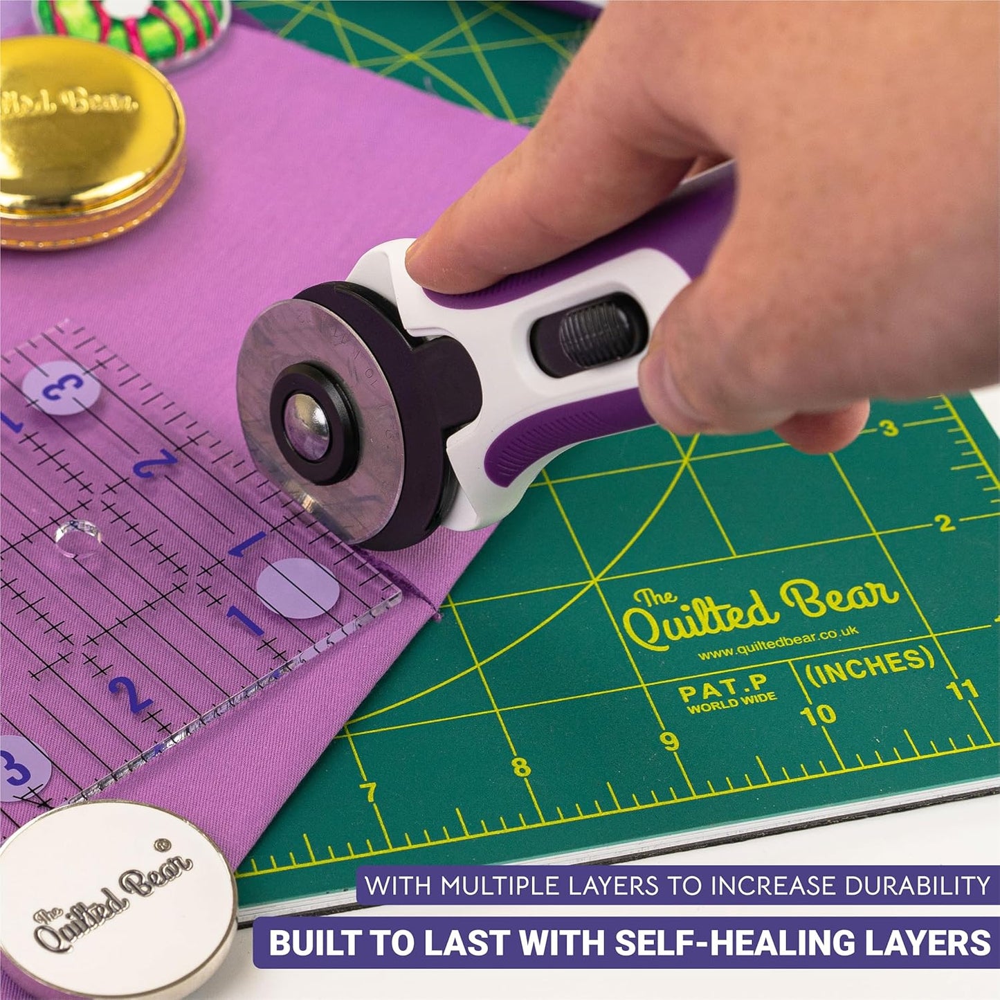 The Quilted Bear Rotating Cutting Mat 12" x 12" - Locking & Rotating Self Healing Cutting Board for Sewing, Fabric & Effortless Quilting - 360 Degree Sewing Supplies Mat for Craft Table (Green)