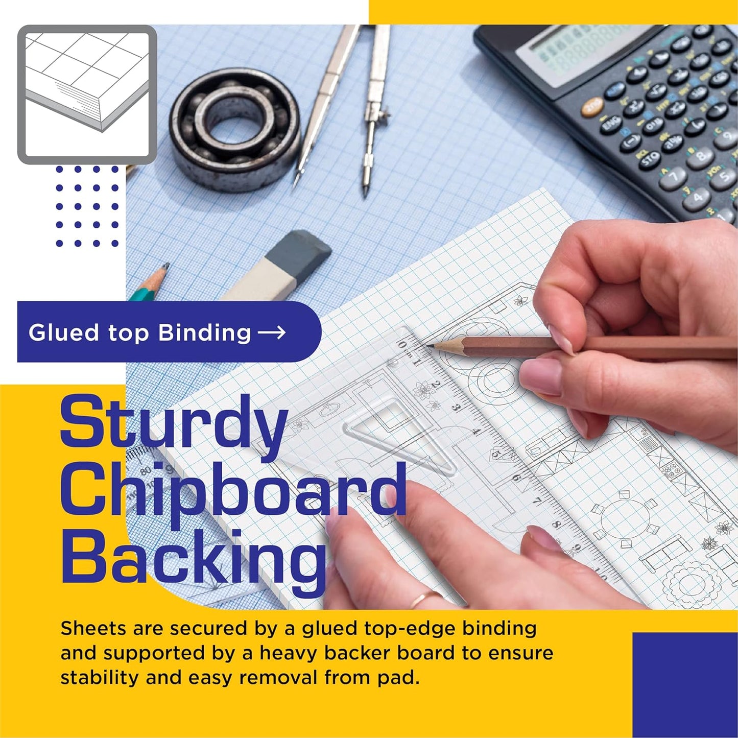 Better Office Products Graph Paper Pad, 8.5" x 11", 50 Sheets, Double Sided, White, 4x4 Blue Quad Rule, Easy Tear, Grid Paper, Graph Paper