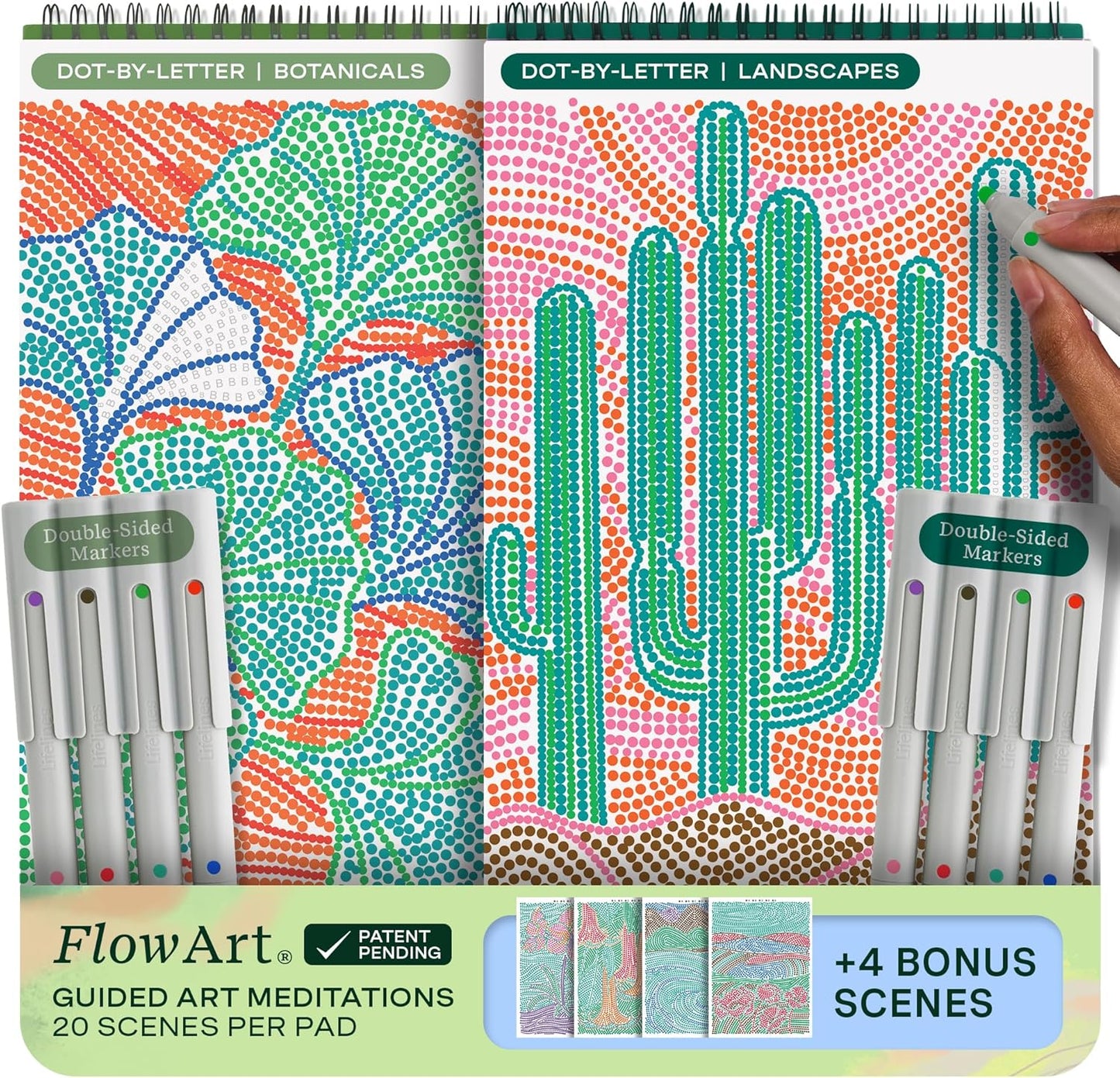 Lifelines FlowArt Activity Pad, 2-Pack - Guided Dot Art Meditations with Markers - Dot-by-Letter, Botanicals & Landscapes - Color by Number/Letter Coloring Books for Teens, Adults & Seniors
