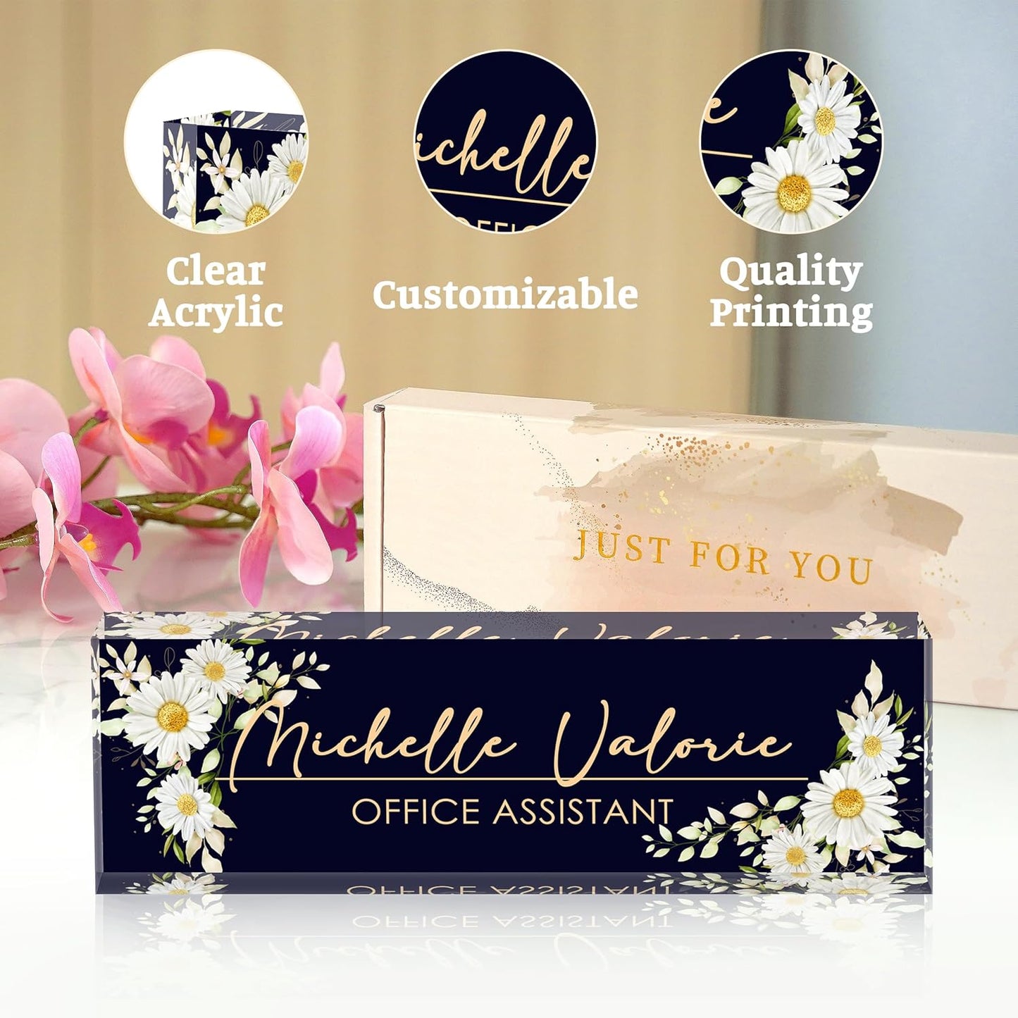 Office Desk Name Plate Personalized, Custom Name Plates for Desks, Name Plate Personalized for Office, Employee Appreciation Gifts (Daisy)