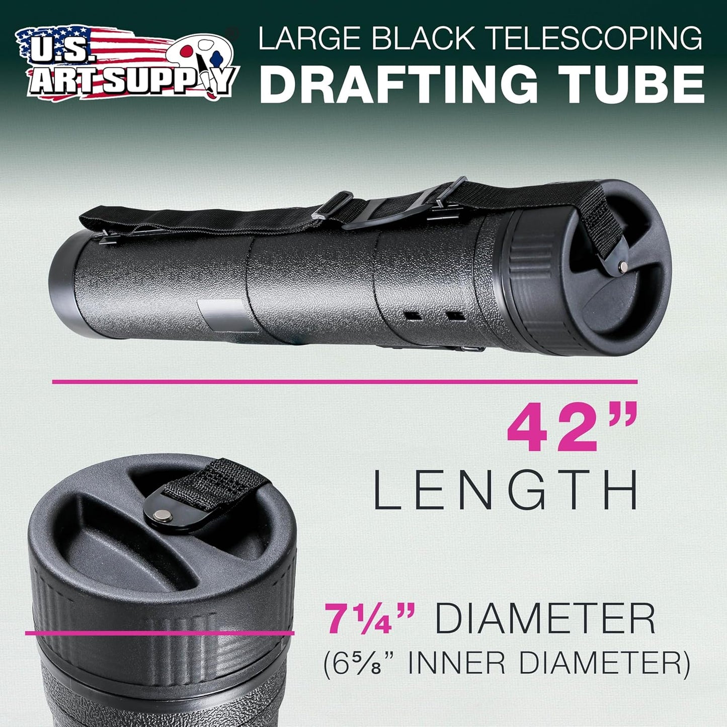 U.S. Art Supply Extra-Large Telescoping Drafting Tube - 7-1/4" Outside/6-5/8" Inside Diameter, Expands 42" to 62", Durable Protection with Shoulder Strap - Ideal for Posters, Blueprints, Art & More