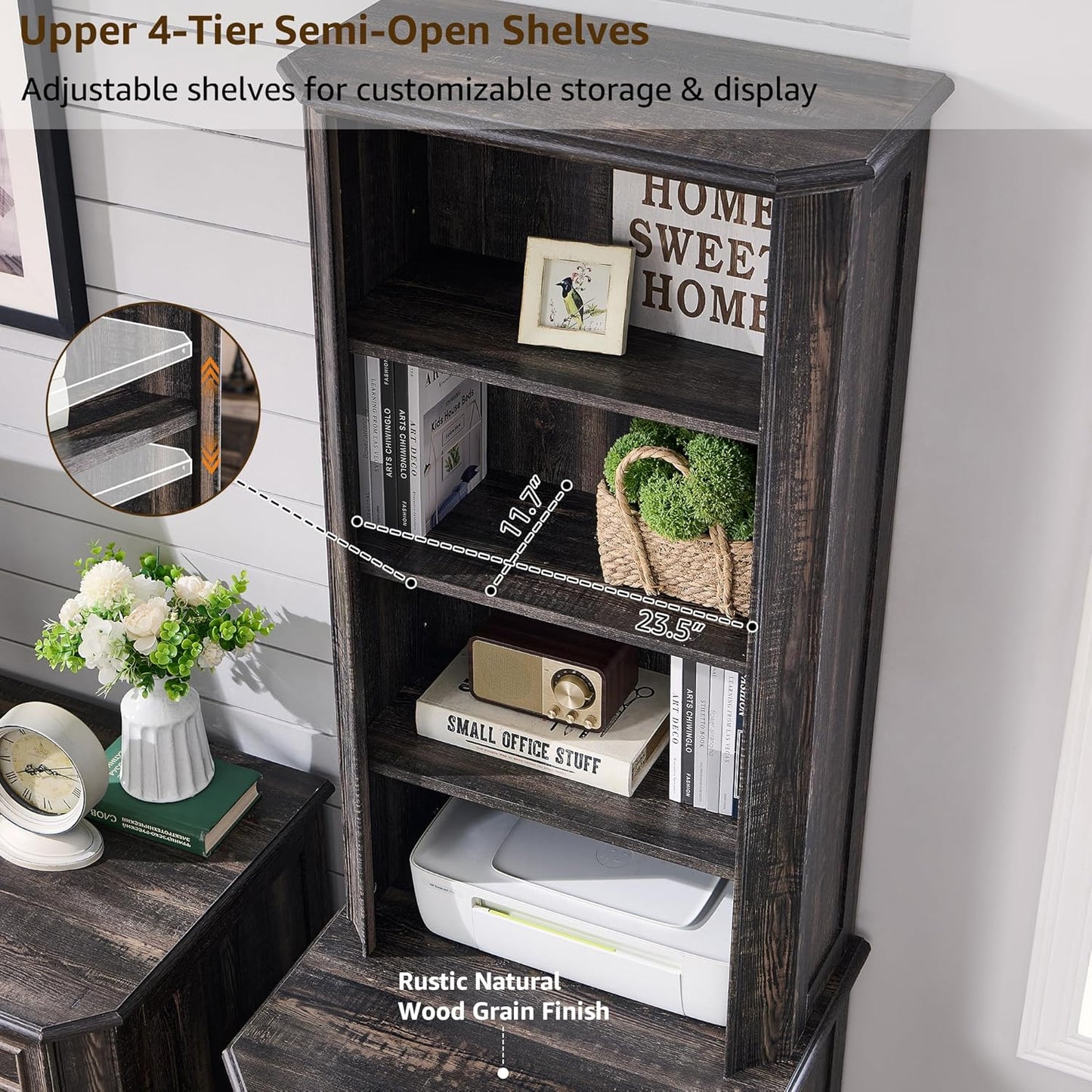 T4TREAM 6-Tier Bookcase with 2 File Drawers, 72" Tall Farmhouse Bookshelf with Storage & Adjustable Shelves, Wooden Floor Standing Display Book Shelf Organizer for Home Office, Dark Rustic Oak