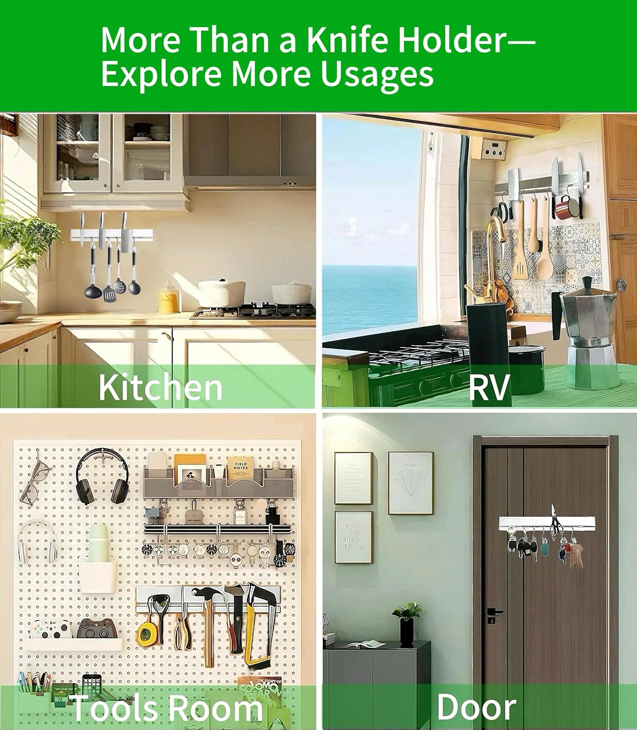 YIIYIIN 12 Inch Magnetic Knife Holder for Wall No Drill,Adhesive Knife Magnetic Strip with 6 Hooks,Kitchen Double Rods Stainless Steel Magnetic Utensil Holder(Silver)