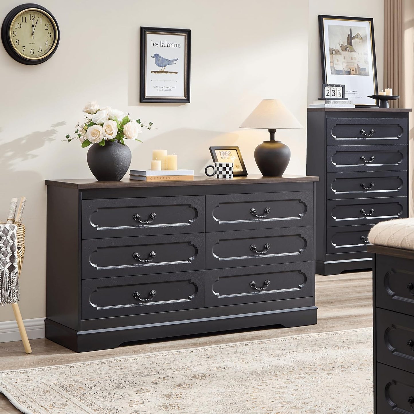 LIDYUK 6 Drawer Dresser for Bedroom Farmhouse Black Tall Wood Chest of Drawers for Bedroom Dresser, Modern Rustic 55" Wide Drawers Dressers Wooden Closet and Storage Cabinet, Hallway, Living Room