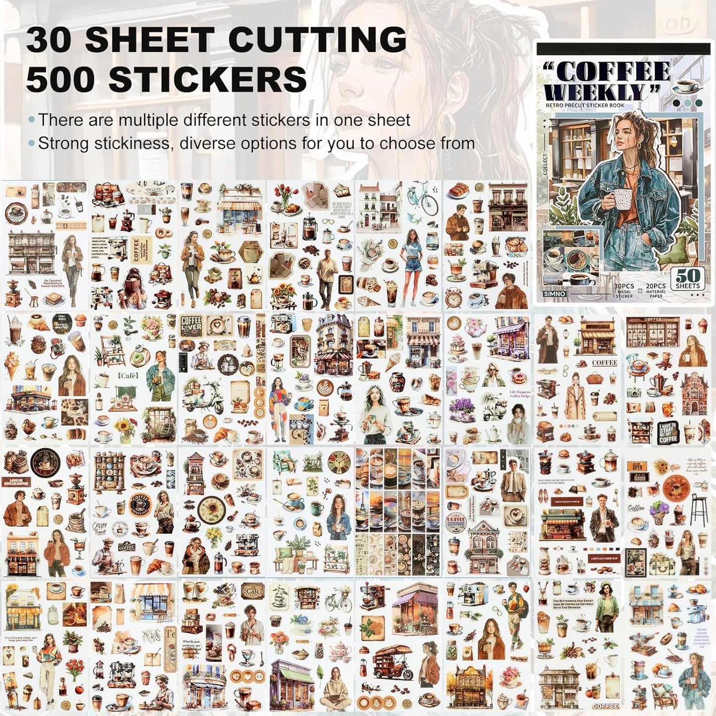 Scrapbooking Stickers - 500 Pre-Cut Washi Stickers & 20 Scrapbook Papers Coffee and People Sticker Books for journaling Scrapbooking Supplies