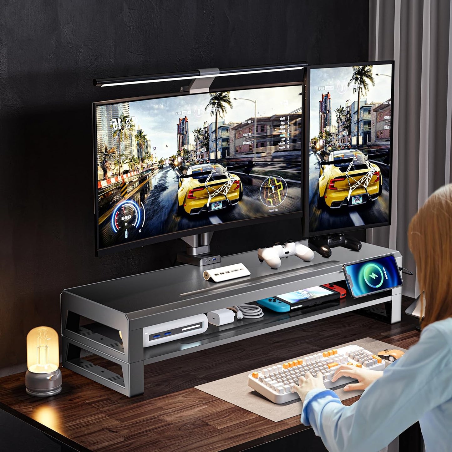 Computer monitor stand Laptop Desk Shelf & Monitor Riser ，21.6 inches long desk riser Monitors/PC/Laptop/Computer Space Saver Organizer ，Heavy Duty Gift Gaming Studio Office(Basic Version, 550mm)