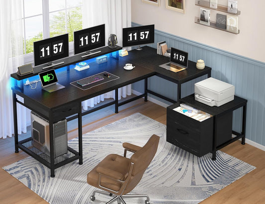 L Shaped Computer Desk with Drawers, Gaming Desk with LED Lights & Monitor Shelf, Office Desks with Power Outlets, Corner Desks for Home Office, Study Room and Bedroom, Black