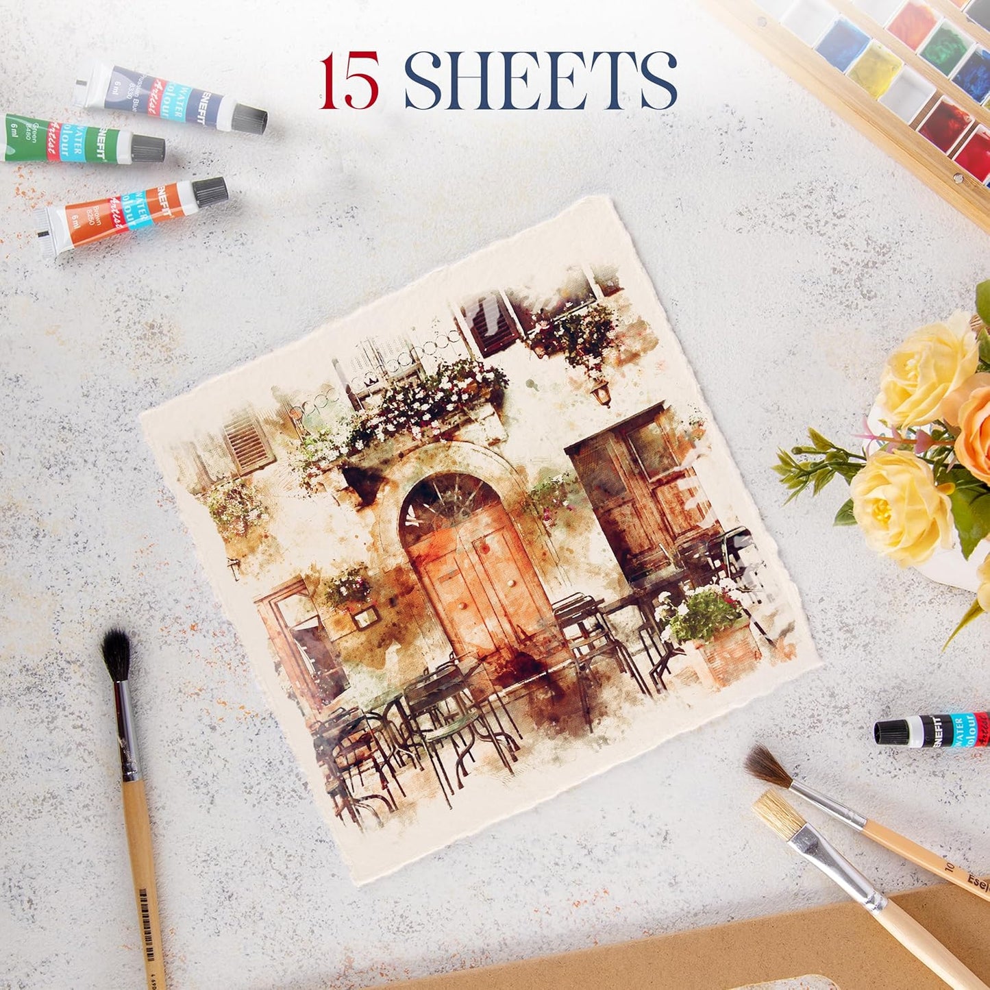 Wanderings Thick Handmade Watercolor Paper with Deckled Edge - 8x8-500GSM Premium Ivory Cold-Pressed Textured Mixed Media Paper Made with Recycled Cotton - 15 Loose Leaf Sheets