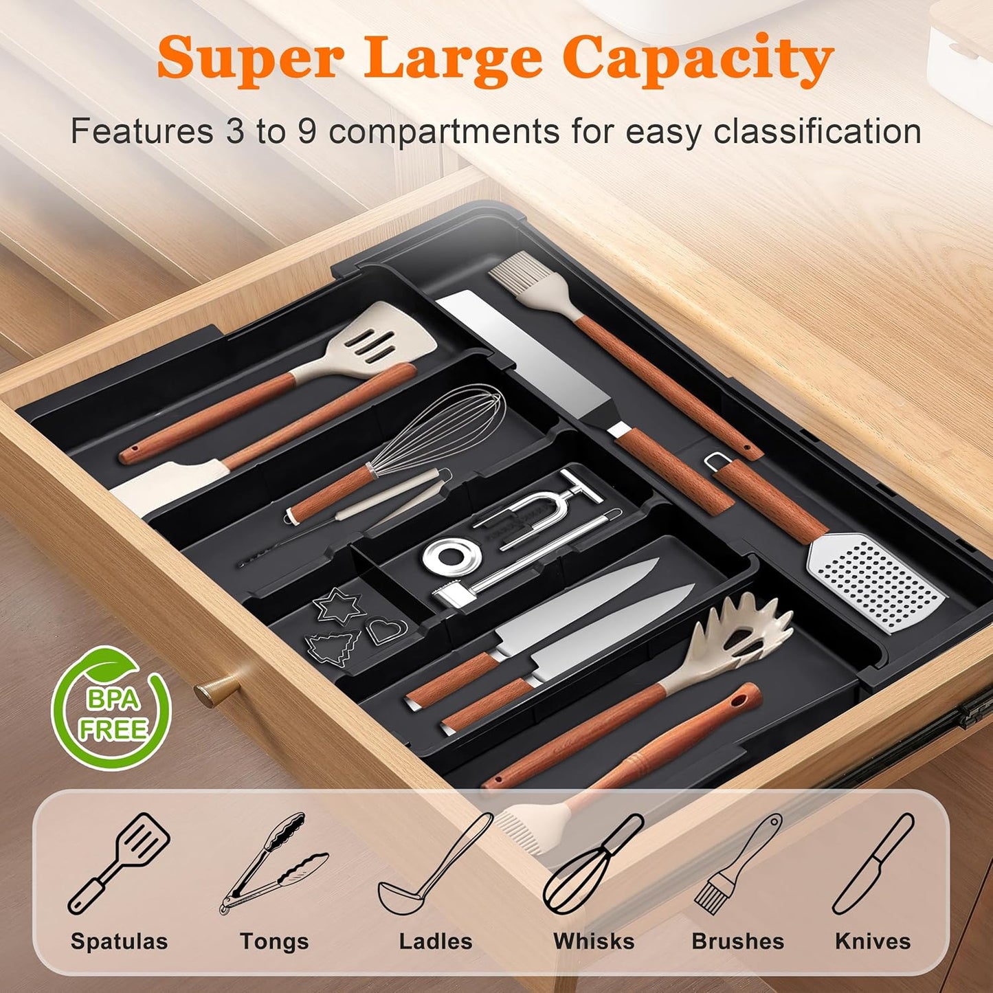Large Utensil Drawer Organizer Expandable Silverware Organizer for Kitchen Drawer Adjustable Cooking Utensil Holder Cutlery Flatware Tray Spatula Tools Gadgets Storage Dividers Plastic Black