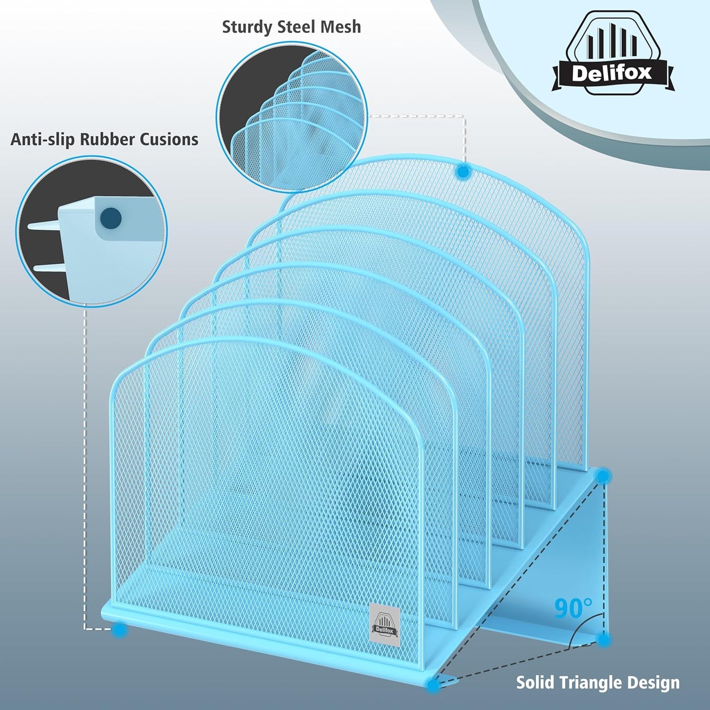 1Pack Inclined Desk File Organizer, 5-Section Vertical File Folder Holder Stand Metal Rack File Sorter for Office Classroom Desktop Organization,Blue