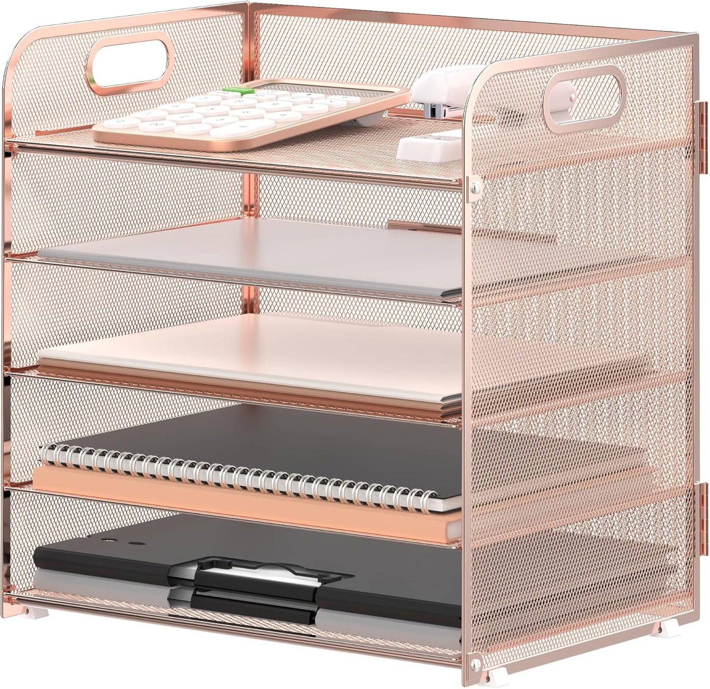 Supeasy 5 Trays Paper Organizer Letter Tray with Handle-Mesh Desk File Organizer, Paper Sorter Desk Organizer for Office, Home or School (Rose Gold)