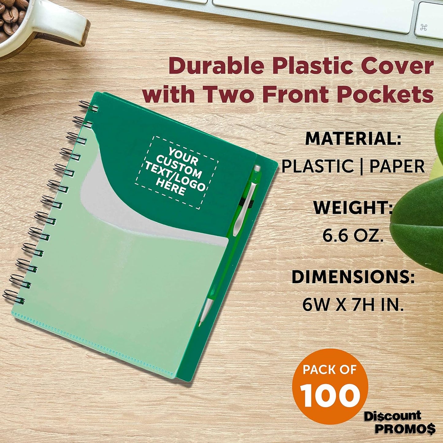 DISCOUNT PROMOS Custom Spiral Notebooks with Front Pocket Set of 100, Personalized Bulk Pack - Durable Plastic Cover, Includes Matching Pen in Blank Ink, Perfect for School, Office, Home - Green