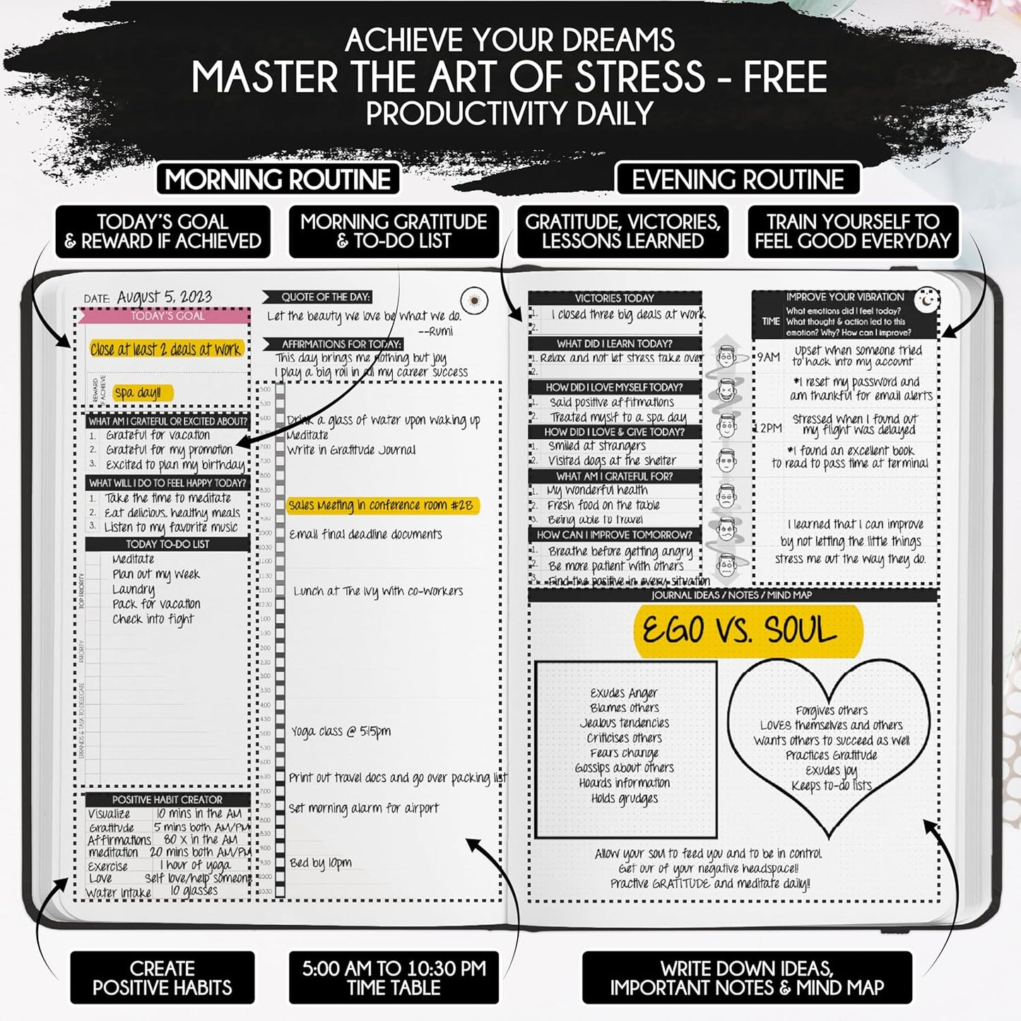 Life Planner - 5 Minute Daily Gratitude & Manifestation Journal | Positivity & Affirmation | Guided Mindfulness, Self Care & Mental Health Journal | 90-Day Undated Planner, Vision Board & Stickers