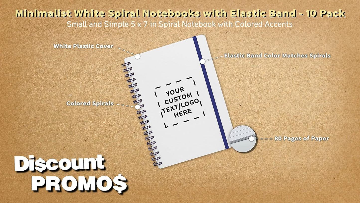 10 White Spiral Notebooks with Elastic Band Pack - Customizable Text, Logo - 80 lined pages, Recycled - Blue