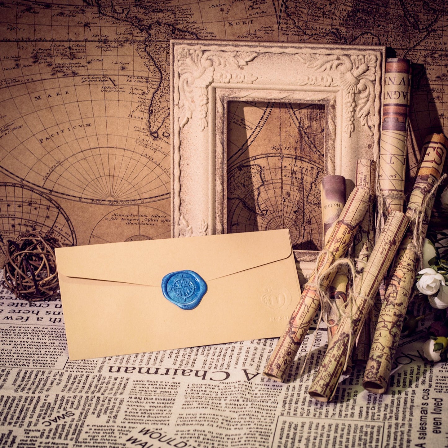 Mceal Wax Seal Stamps Large Seal 1 1/5"(30mm) Dia, Silver Brass Head with Wooden Handle (Compass)