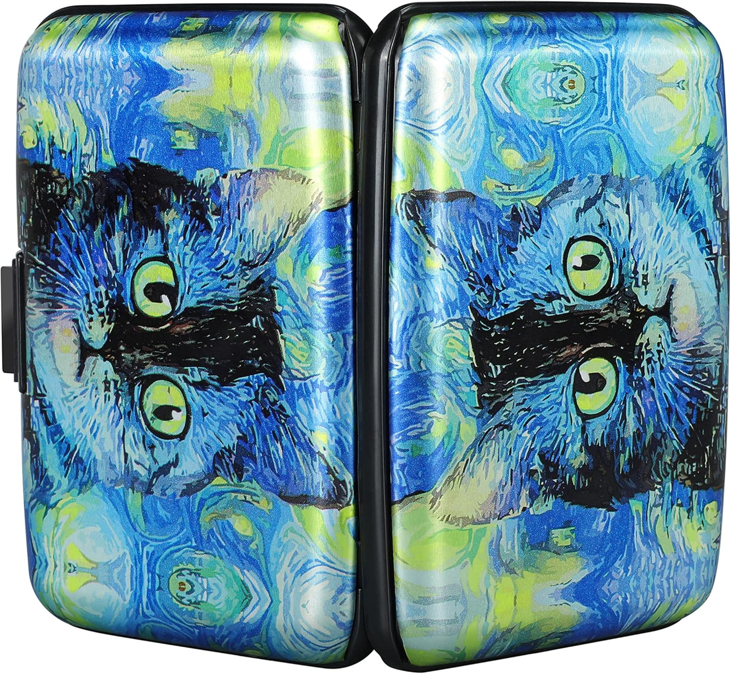 ELFISH Mini RFID Aluminum Wallet Credit Cards Holder Business Card Case Metal ID Case for Men Women(Blue Cat)