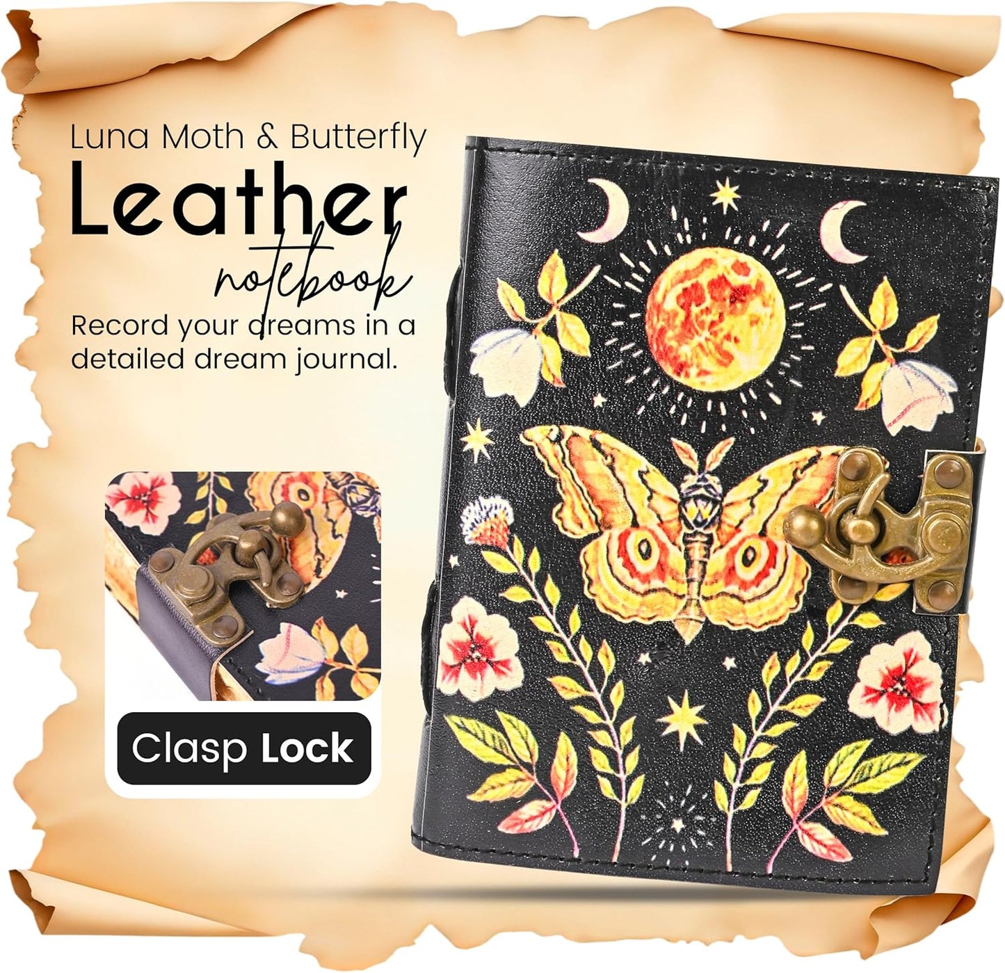 Blank Spell Book of Shadows, Luna Moth & Butterfly Leather Journal with Vintage Clasp Lock – 200 Page Antique Deckle Edge Leather Bound Notebook – Notebook Journal Gift for Men & Women