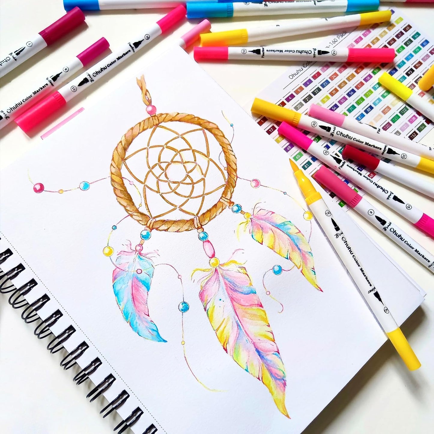 Ohuhu Markers for Adult Coloring Books No Bleeding 100 Colors Coloring Markers Water-based Dual Tips Fineliner & Brush Drawing Pens Art Pens for Kids Adults Sketch Journal - Maui - White