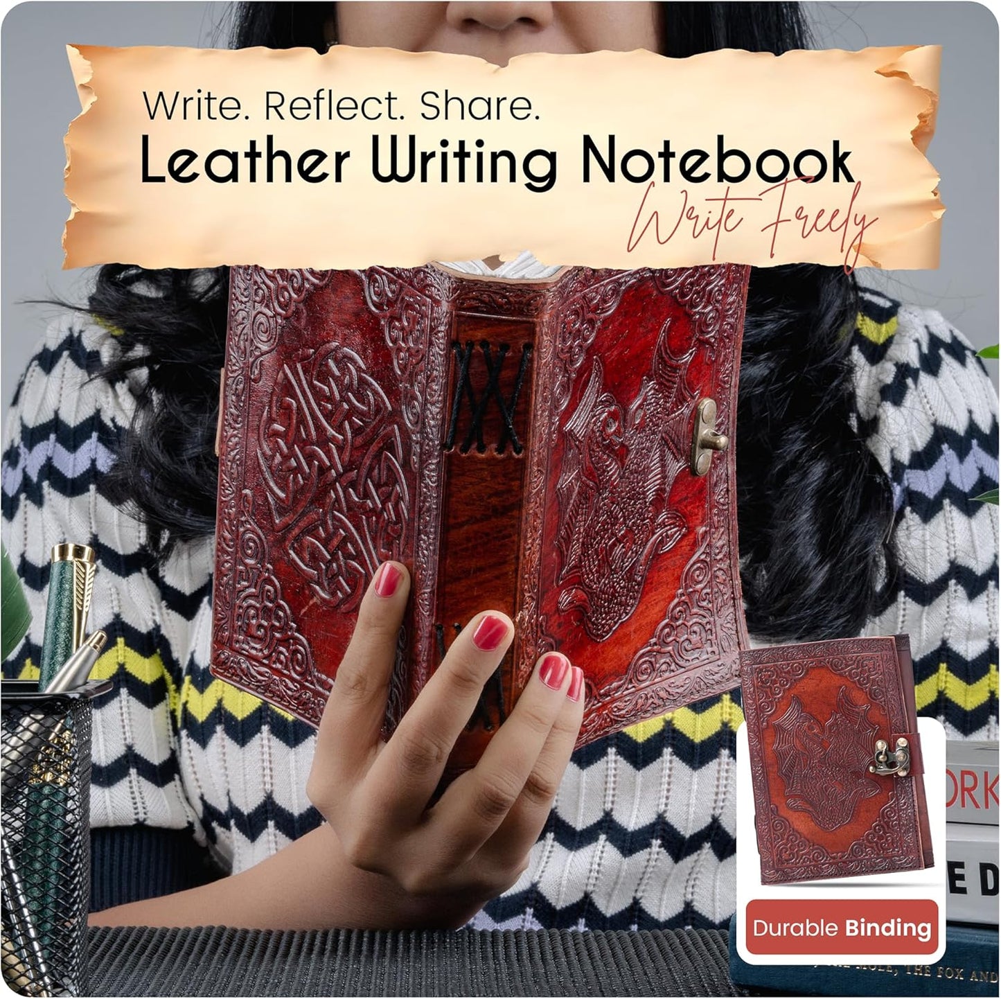 Twin Dragon Embossed Vintage Leather Journal – Book of Shadows Spell Book with Clasp Lock – 200 White Page Antique Deckle Edge Paper – Aesthetic Writing Diary Gift for Men & Women