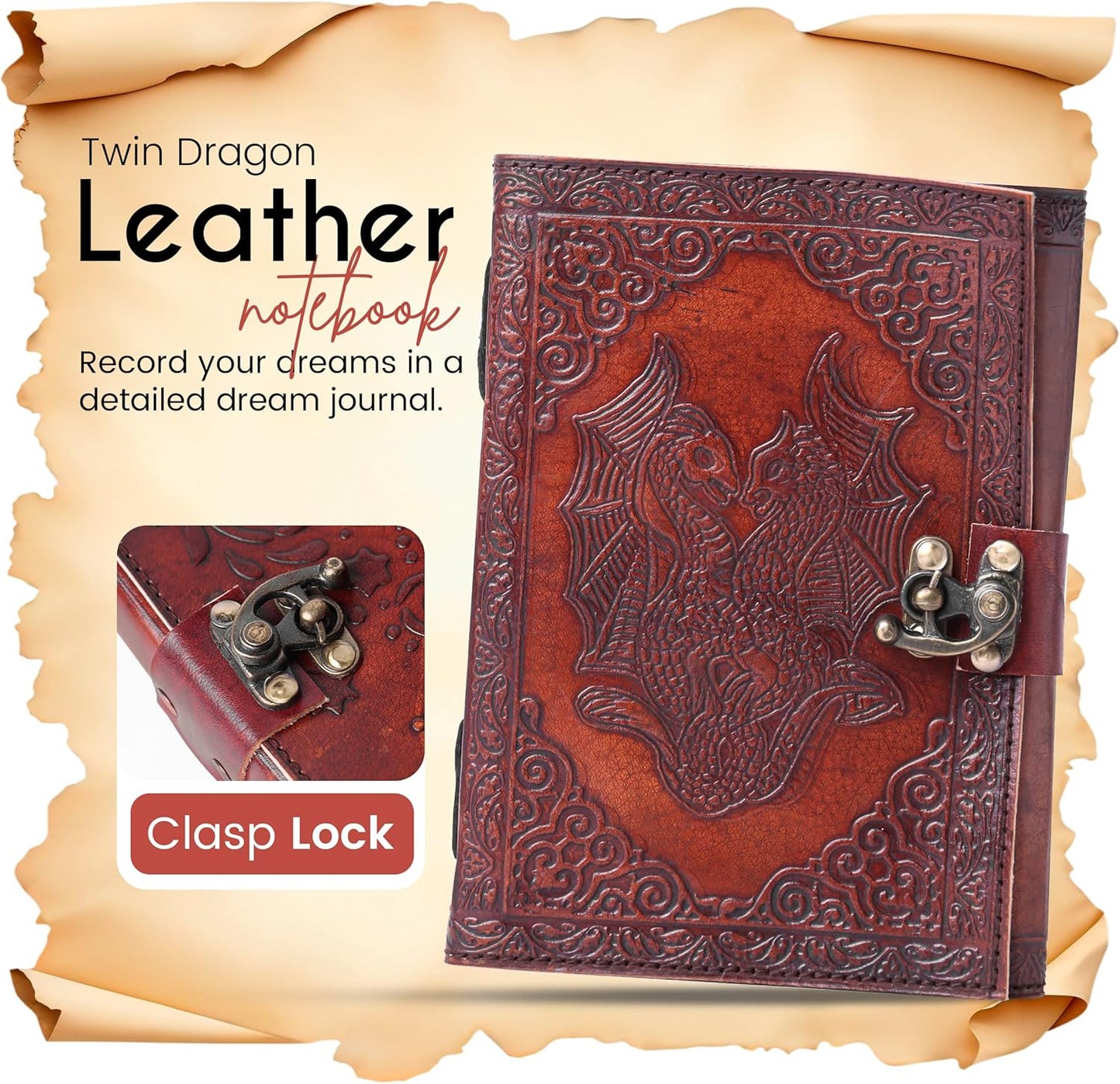 Twin Dragon Embossed Vintage Leather Journal – Book of Shadows Spell Book with Clasp Lock – 200 White Page Antique Deckle Edge Paper – Aesthetic Writing Diary Gift for Men & Women