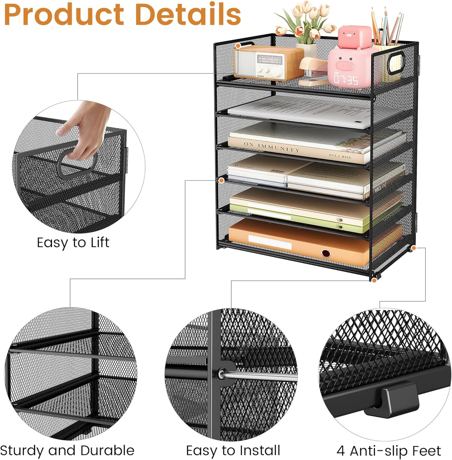 Subekyu 6 Tier Paper File Tray Organizer for Desk, Black Mesh Desk Letter Paper File Folder Accessories Sorter Organizer with Handle, Stackable Slide Tray for Office, Home or School Supplies Storage
