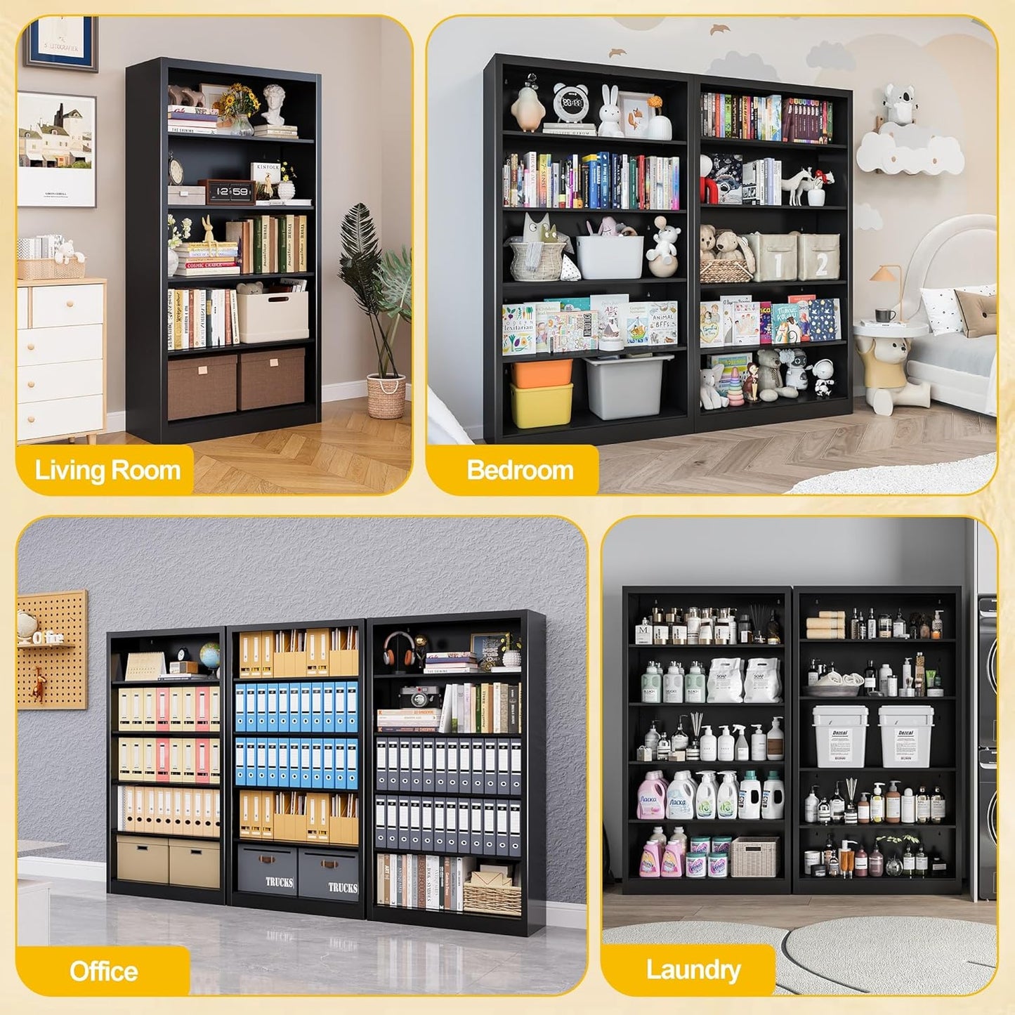 Metal Bookshelf, Adjustable Bookshelves and Bookcases, 5 Shelf Bookcase with Backboard, Black Book Shelf Book Cases for Office, Living Room, Bedroom, Home, Library