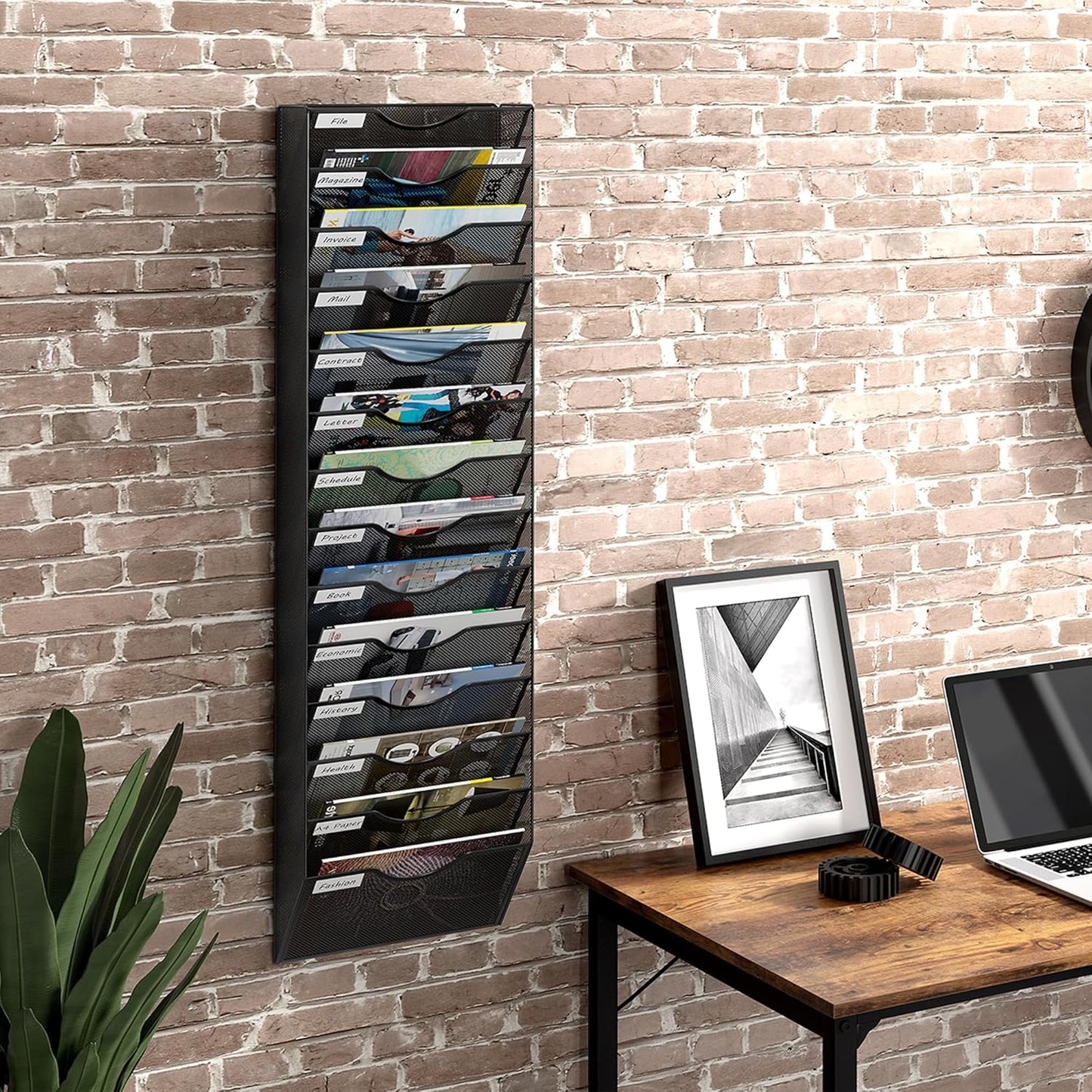 14 Tier Hanging Wall File Holder, Metal A4 Wall Mounted Document Holder, Vertical Hanging Mail Organizer, Magazine Storage Rack with Tray for Office Home Classroom, Black