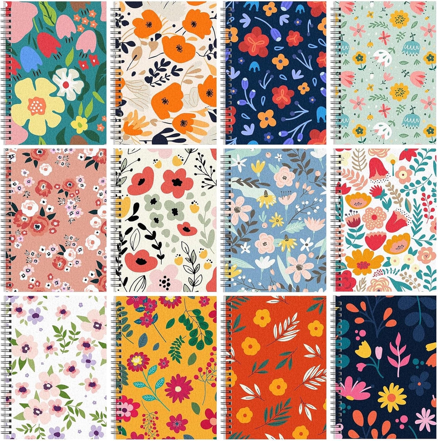 Fuutreo 12 Pcs Spiral Notebook for Work A5 8.3 x 5.7 Inch College Ruled Spiral Journal Notebook Kraft Cover Ruled Paper, 12 Color, 60 Sheets, 120 Pages for Office School(Floral Color)