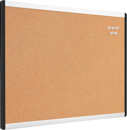 Amazon Basics Cork BulletinBoard, 23" x 17", Pin Board for Office & Home with Aluminum/Plastic Frame, 1 Pack