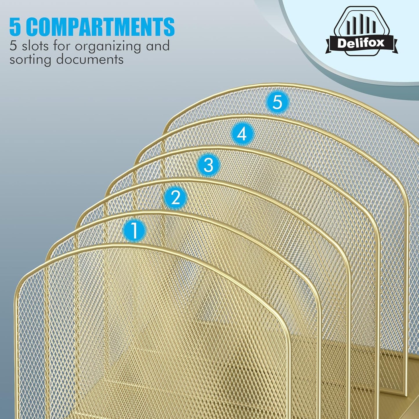 Inclined Desk File Organizer, 5-Section Vertical File Folder Holder Stand Metal Rack File Sorter for Office Classroom Desktop Organization (Gold, 2Pack)