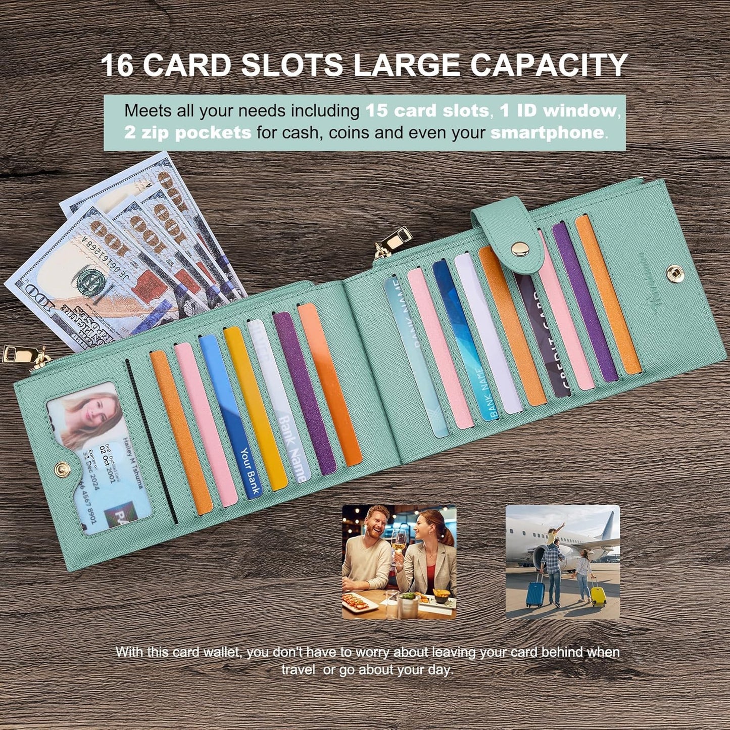 Travelambo RFID Wallet Women Large Size Bifold Multi Card Wallet Case with Zipper Pocke Credit Card Holder for Women