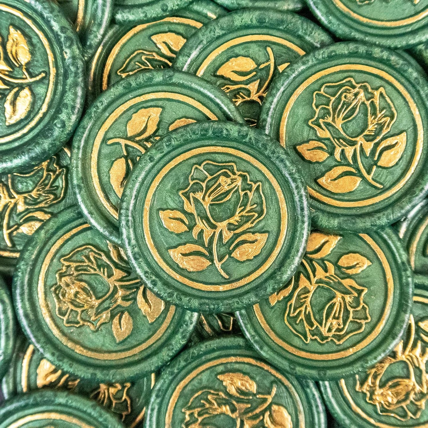 100Pcs Gold & Green Wax Seal Stickers - Handmade Envelope Seals, Self-Adhesive Wax Stickers for Wedding Party Invitations, Envelope, Gift Wrap, Christmas (Gold Rose Style, Green)