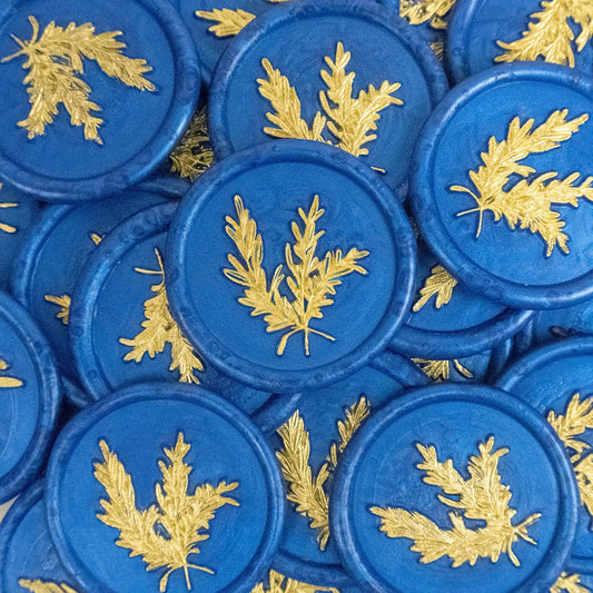 25Pcs Gold & Blue Wax Seal Stickers Handmade Envelope Seals Self Adhesive Wax Stickers for Wedding Party Invitations, Envelope, Gift Wrap, Christmas(Gold Rosemary Style, Blue Wax)