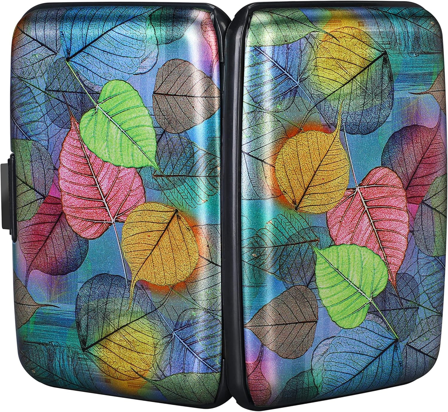 ELFISH Mini RFID Aluminum Wallet Credit Cards Holder Business Card Case Metal ID Case for Men Women（Colorful Leaves