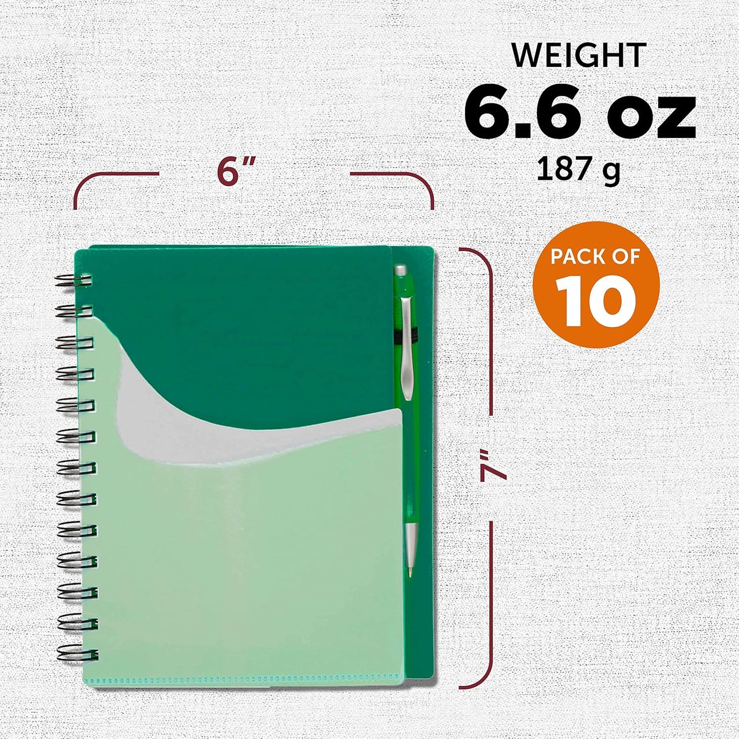 DISCOUNT PROMOS Spiral Notebooks with Front Pocket Set of 10, Bulk Pack - Durable Plastic Cover, Includes Matching Pen in Blank Ink, Perfect for School, Office, Home - Green