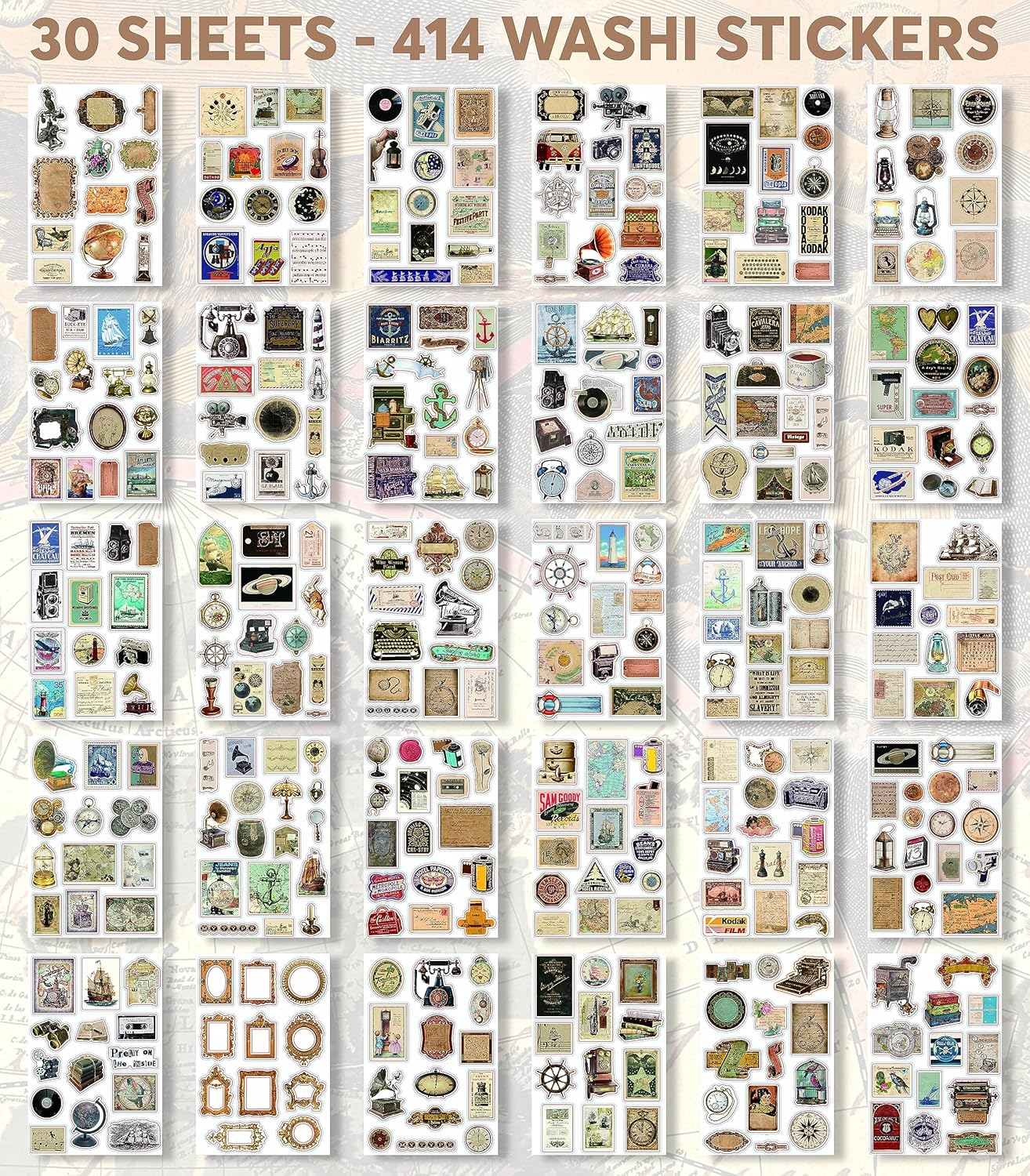 411 Vintage Washi Stickers & 20 Scrapbook Papers Ephemera for Junk Journals & Scrapbooking