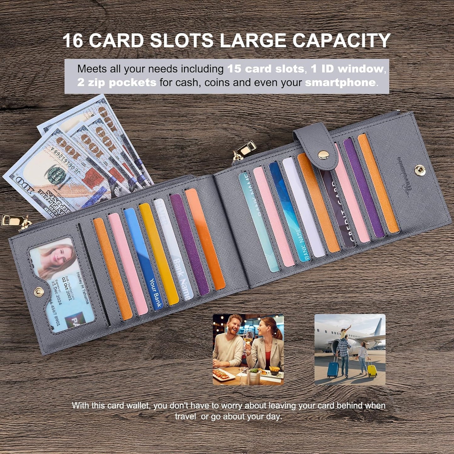 Travelambo RFID Wallet Women Large Size Bifold Multi Card Wallet Case with Zipper Pocke Credit Card Holder for Women