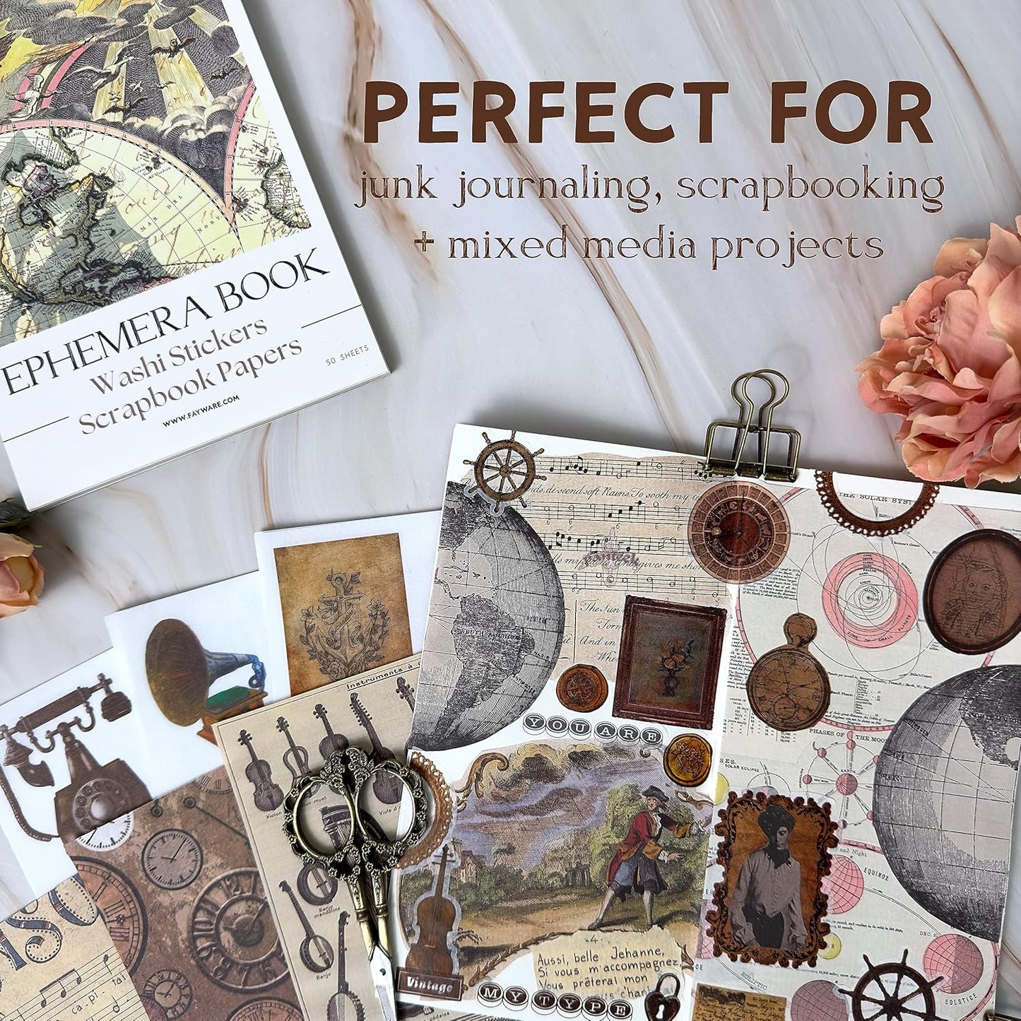 411 Vintage Washi Stickers & 20 Scrapbook Papers Ephemera for Junk Journals & Scrapbooking