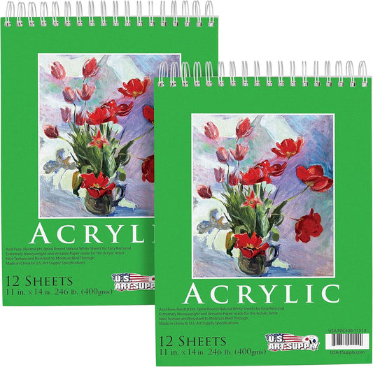 U.S. Art Supply 11x14 Premium Heavy-Weight Acrylic Painting Paper Pad, 246lb (400gsm), 2 Pack, 12 Sheets, Spiral Bound, for Acrylic Paint