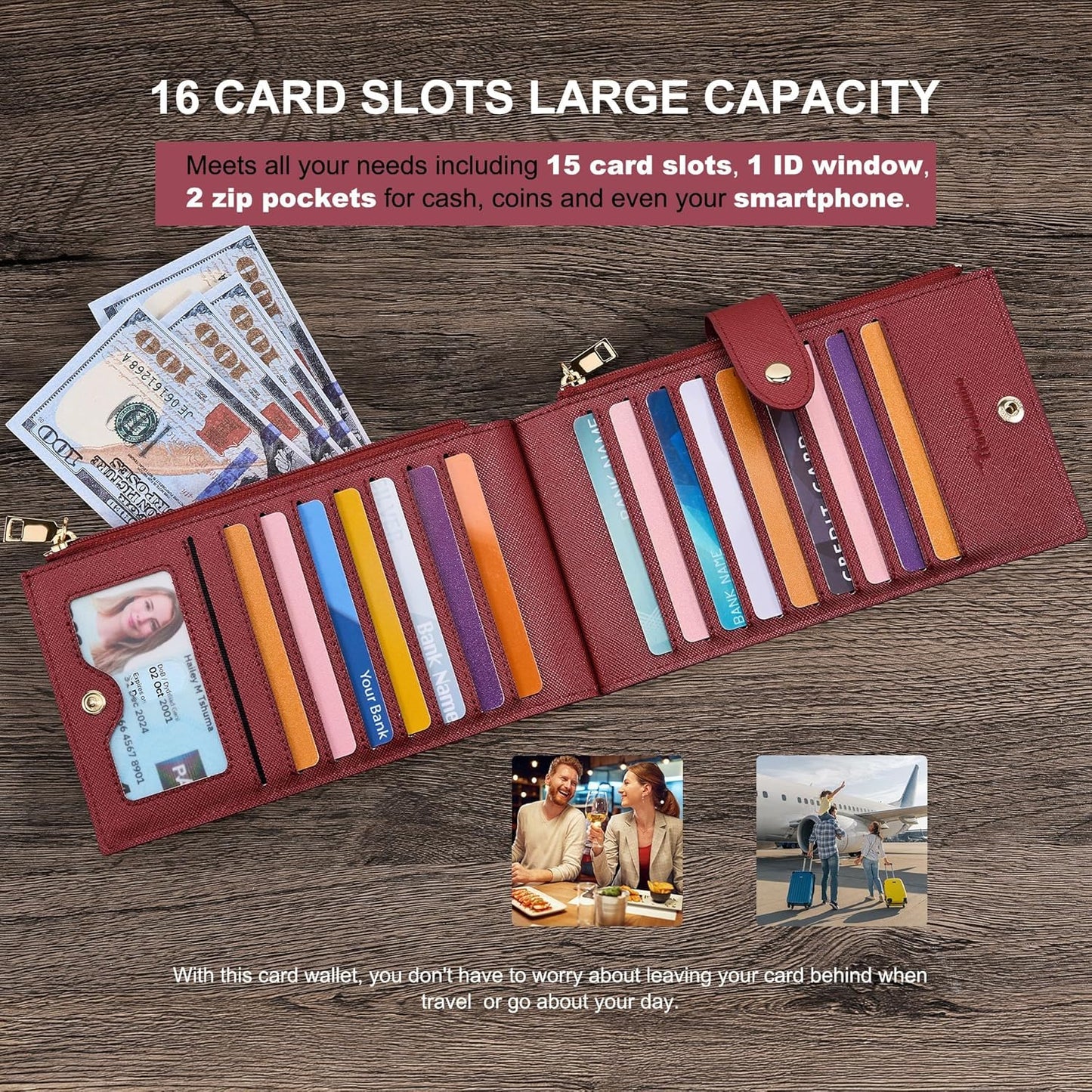 Travelambo RFID Wallet Women Large Size Bifold Multi Card Wallet Case with Zipper Pocke Credit Card Holder for Women