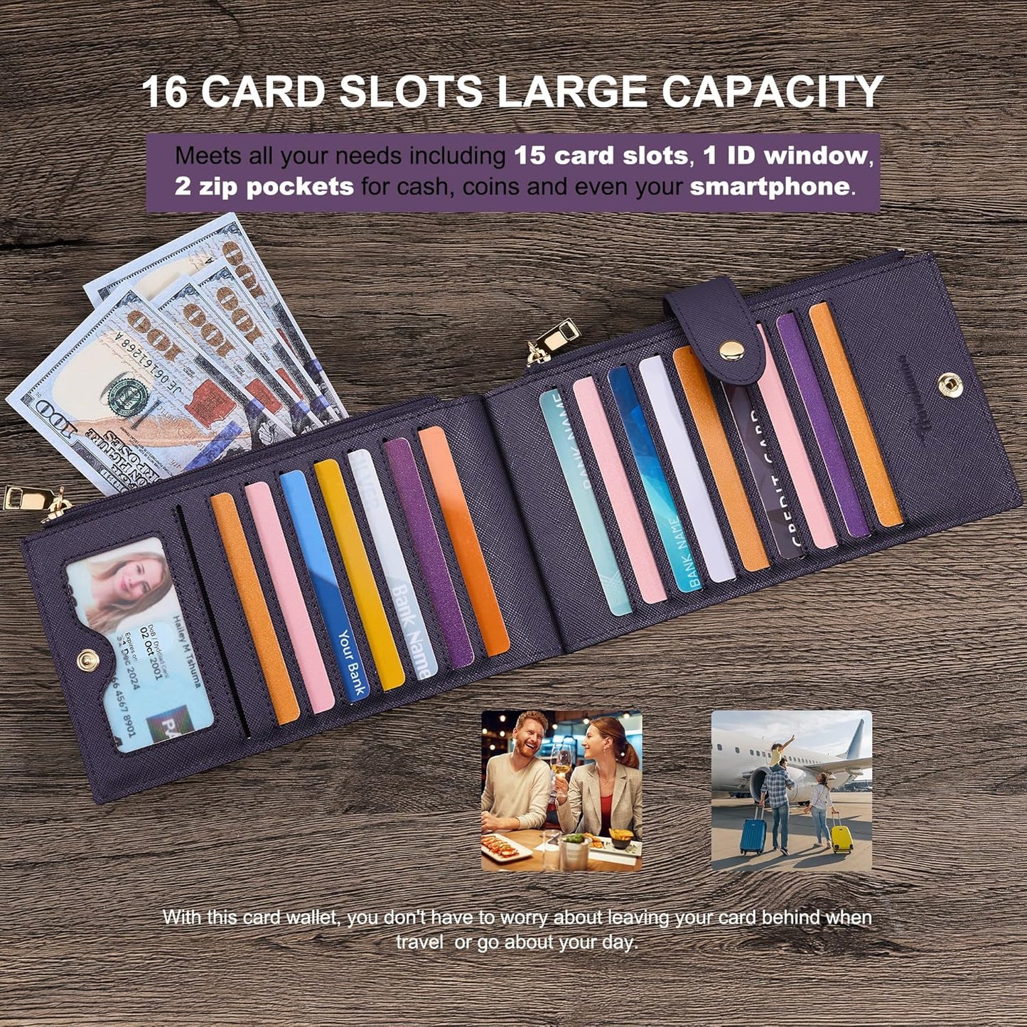 Travelambo RFID Wallet Women Large Size Bifold Multi Card Wallet Case with Zipper Pocke Credit Card Holder for Women