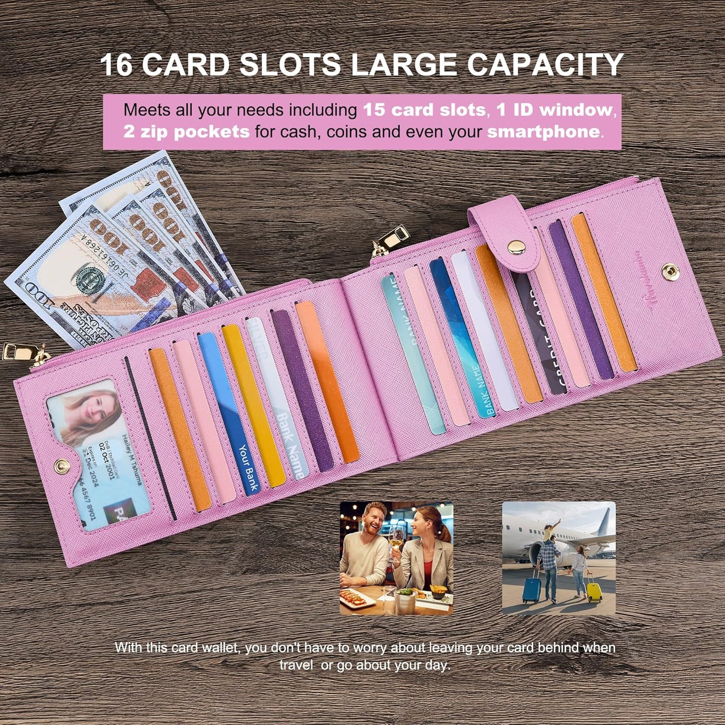 Travelambo RFID Wallet Women Large Size Bifold Multi Card Wallet Case with Zipper Pocke Credit Card Holder for Women