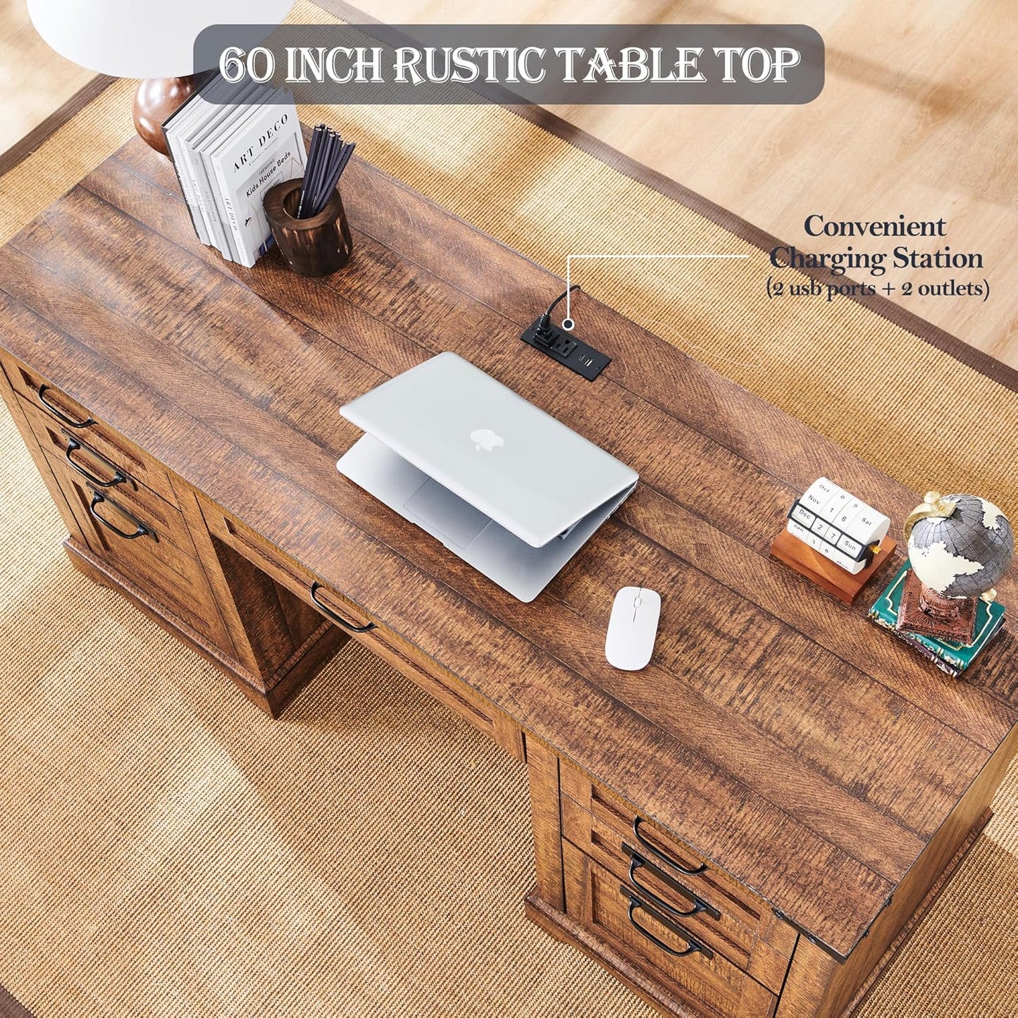 RedLemon 60" Farmhouse Executive Desk with Drawers, Wood Home Office Desk w/Charging Station, Keyboard Tray, File Drawer, Storage Cabinet, Rustic Computer Writing Desk (Reclaimed Barnwood)