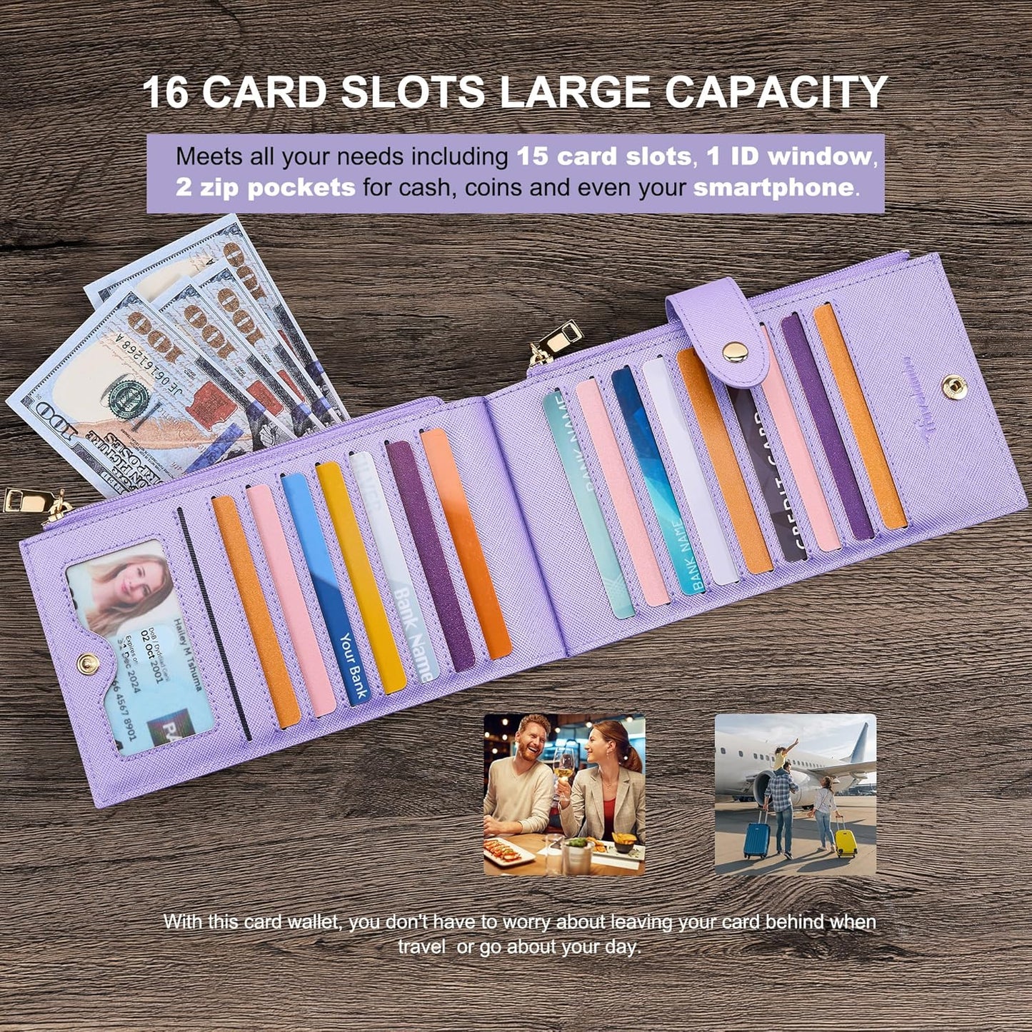 Travelambo RFID Wallet Women Large Size Bifold Multi Card Wallet Case with Zipper Pocke Credit Card Holder for Women