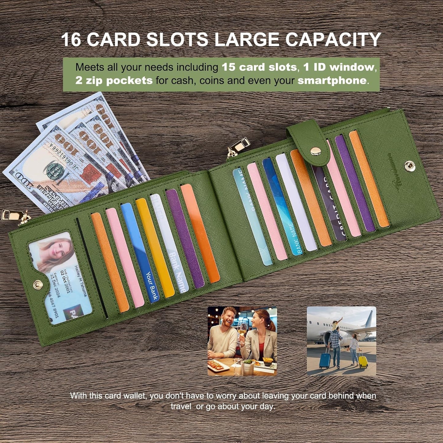 Travelambo RFID Wallet Women Large Size Bifold Multi Card Wallet Case with Zipper Pocke Credit Card Holder for Women