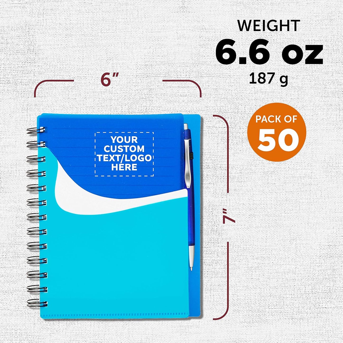 DISCOUNT PROMOS Custom Spiral Notebooks with Front Pocket Set of 50, Personalized Bulk Pack - Durable Plastic Cover, Includes Matching Pen in Blank Ink, Perfect for School, Office, Home - Blue